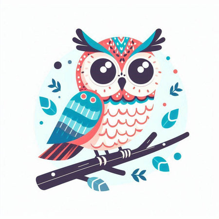 Cute hand drawn vector illustration of a cute owl sitting on a branch.のイラスト素材