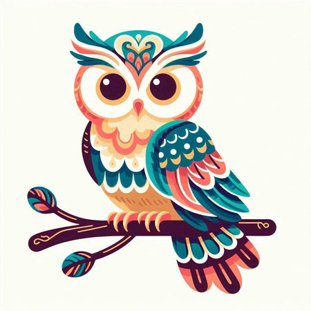 Owl on a branch. Colorful vector illustration in cartoon style.のイラスト素材