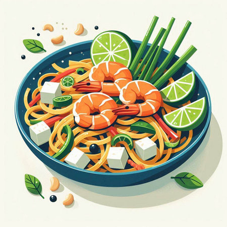 Noodles with shrimps and vegetables. Vector illustration.のイラスト素材