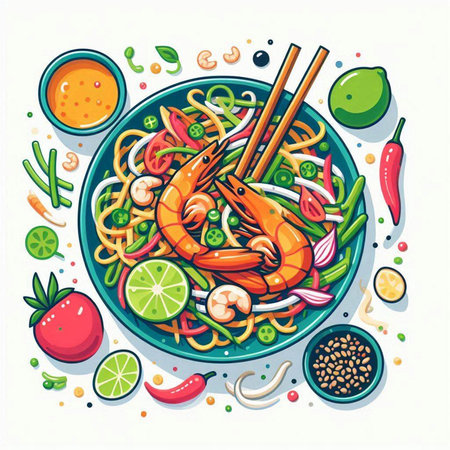 Noodles with shrimps and vegetables in a bowl. Vector illustration.のイラスト素材