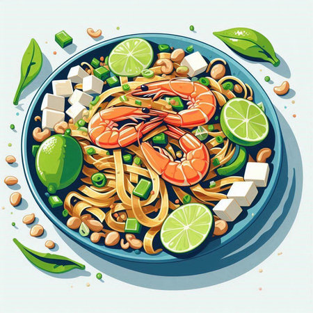 Noodles with shrimps and vegetables. Vector illustration.のイラスト素材