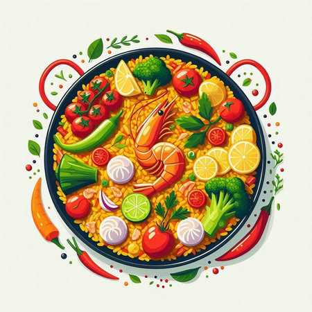 Pilaf in a frying pan with vegetables and seafood. Vector illustration.のイラスト素材