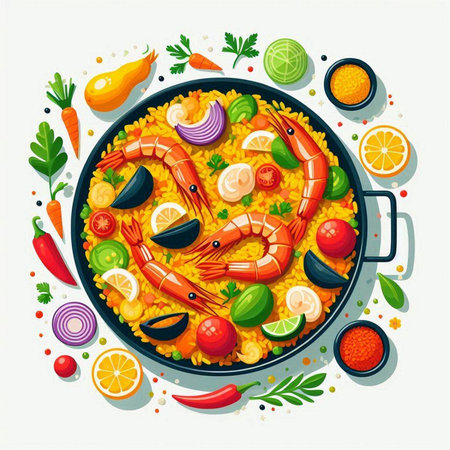 Seafood paella. Traditional spanish dish. Vector illustrationのイラスト素材