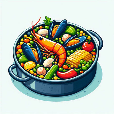 Illustration of a seafood stew in a pan on a white backgroundのイラスト素材