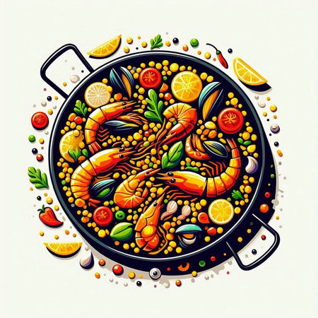 Hand drawn vector illustration of shrimps, prawns and vegetables in frying pan.のイラスト素材
