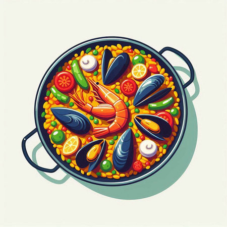 Seafood paella in a frying pan. Vector illustration.のイラスト素材