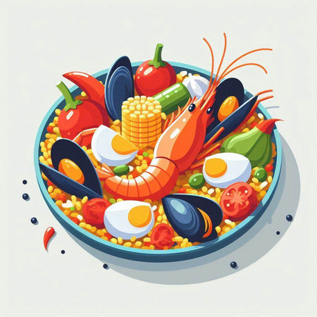 Salad with shrimps, mussels and vegetables. Cartoon style vector illustrationのイラスト素材