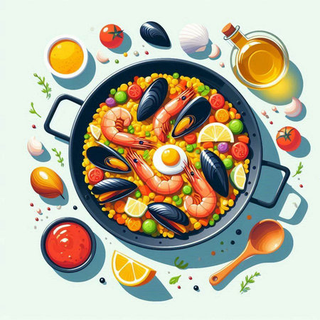 Seafood paella with shrimps, mussels, prawns, squid, shrimp, squid, mussels, lemon, tomato, olive oil and spices in pan. Vector illustrationのイラスト素材