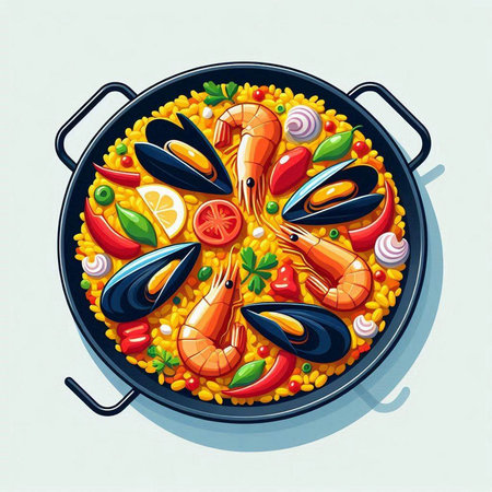 Seafood paella in a frying pan. Vector illustration.のイラスト素材
