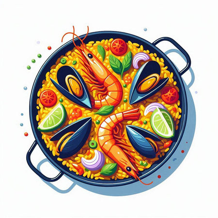 Seafood paella in a frying pan. Vector illustration.のイラスト素材