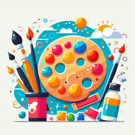 Paint palette with paintbrushes and paints. Vector illustration.のイラスト素材