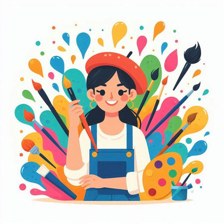 Girl painter with paintbrushes. Vector illustration in cartoon style.のイラスト素材