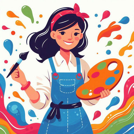 Beautiful girl painter in apron with palette and brush. Vector illustrationのイラスト素材