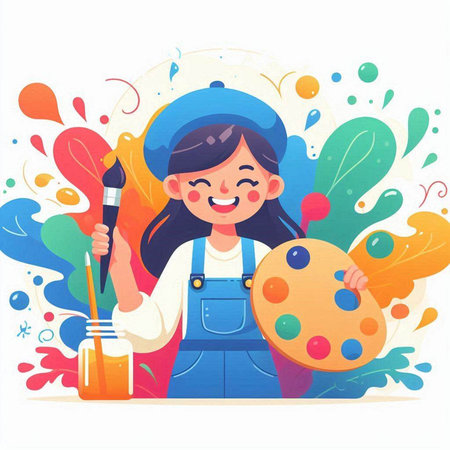Cute little girl painter with palette and brush. Vector illustration.のイラスト素材