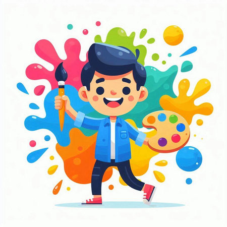 Cute Cartoon Boy with Palette and Paintbrush Vector Illustrationのイラスト素材