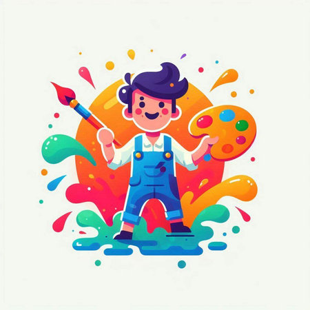 Cartoon artist with palette and brush. Flat design vector illustration.のイラスト素材