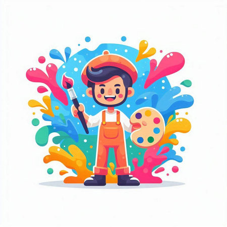 Cute little painter boy cartoon character with palette and brush vector illustrationのイラスト素材