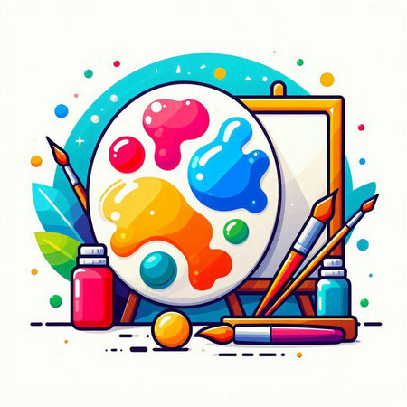 Vector illustration of colorful palette with paints and brushes on white background.のイラスト素材