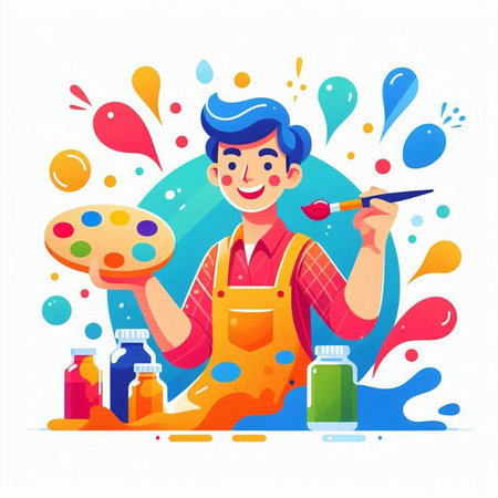 Painter in apron with palette and paints. Vector illustration.のイラスト素材