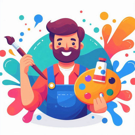 Painter with palette and paint brush. Vector illustration in cartoon styleのイラスト素材