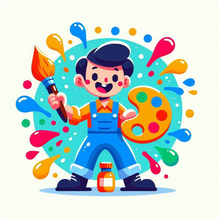 Cartoon painter with paintbrush and palette. Vector illustration in flat styleのイラスト素材