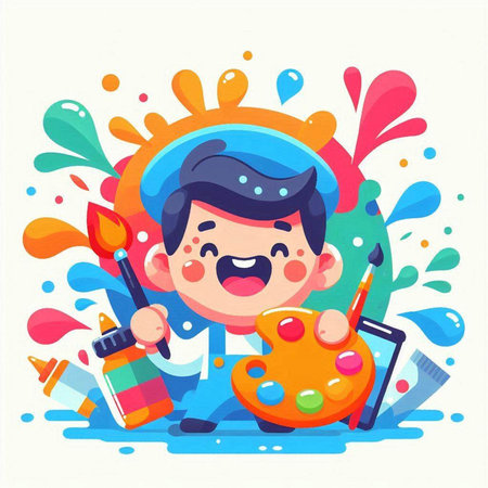 Cute cartoon boy painting with watercolor paints. Vector illustration.のイラスト素材