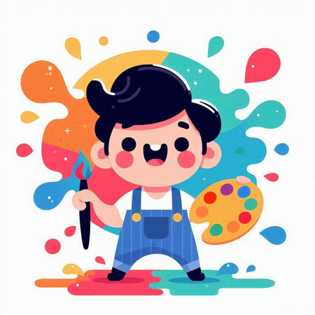 Cute cartoon boy with paintbrush and palette. Vector illustration.のイラスト素材