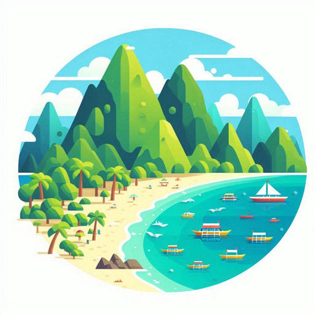 Beach and tropical island. Vector illustration in a flat style.のイラスト素材