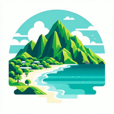Tropical island with sea, palms and mountains. Vector illustration.のイラスト素材