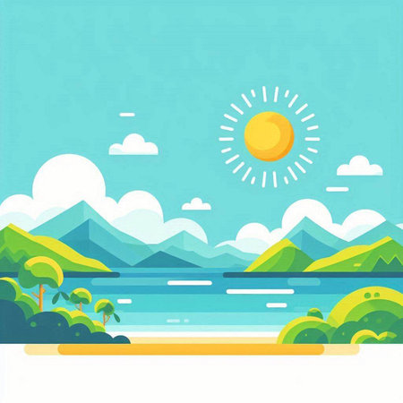 Landscape with mountains, sea and sun. Vector illustration in flat styleのイラスト素材