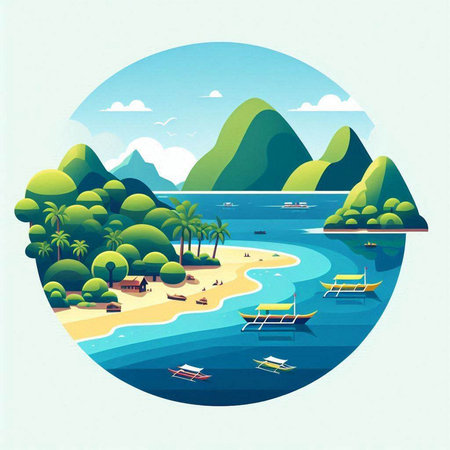 Tropical beach with palms and boats. Vector illustration in flat styleのイラスト素材