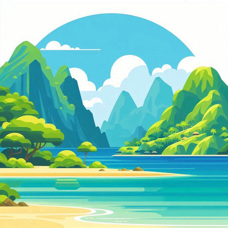 Landscape with mountains and sea. Nature background. Vector illustration.のイラスト素材