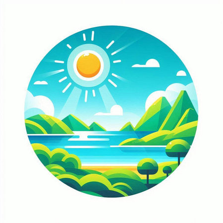landscape with mountains, lake and sun in a circle. vector illustrationのイラスト素材
