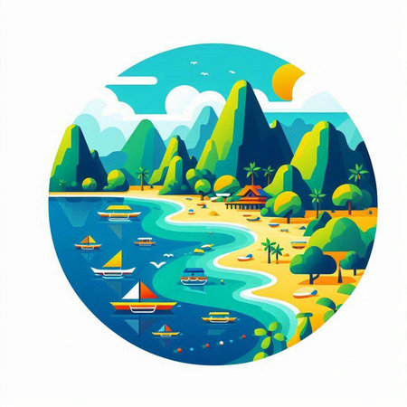 Summer Landscape with Mountain, Ocean and Boat. Vector Illustrationのイラスト素材
