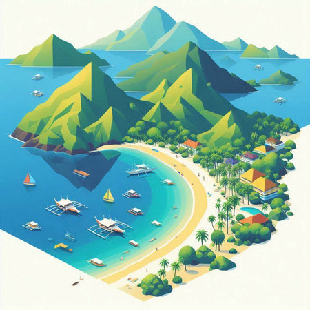 island with palm trees and boats in the water. vector illustrationのイラスト素材