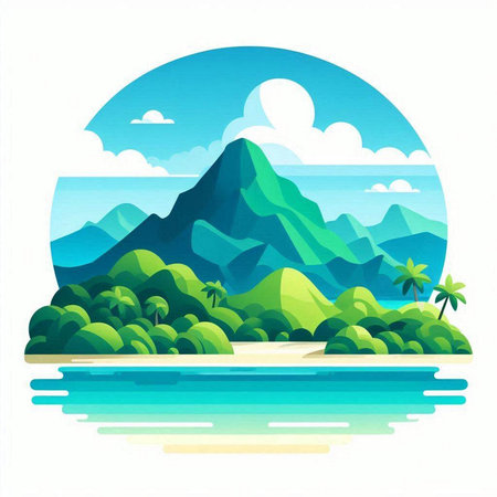 Tropical island with palm trees and mountains. Vector illustration.のイラスト素材