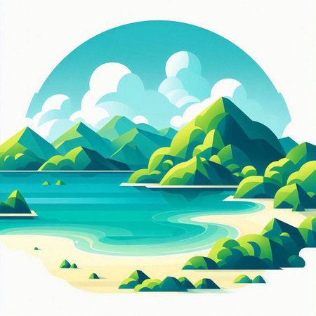 Illustration of a beautiful landscape with mountains, river and sky.のイラスト素材