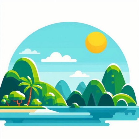 Tropical island with palm trees and sea, vector illustration.のイラスト素材