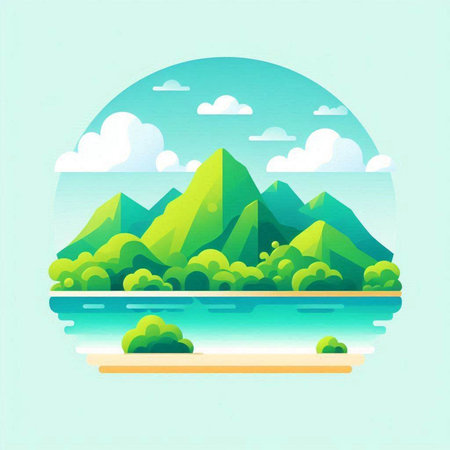 Illustration of mountain and lake in flat style. Vector illustration.のイラスト素材