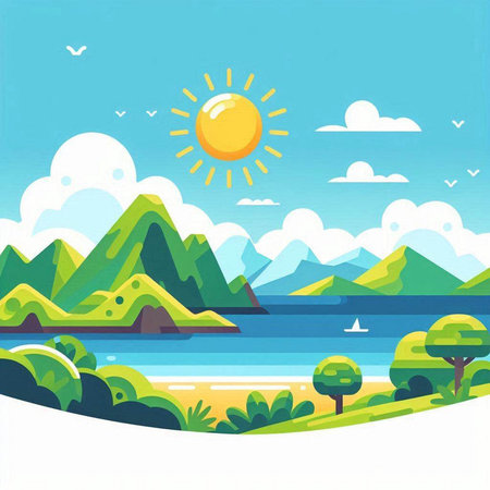 Landscape with mountains, sea and sun. Cartoon vector illustration.のイラスト素材