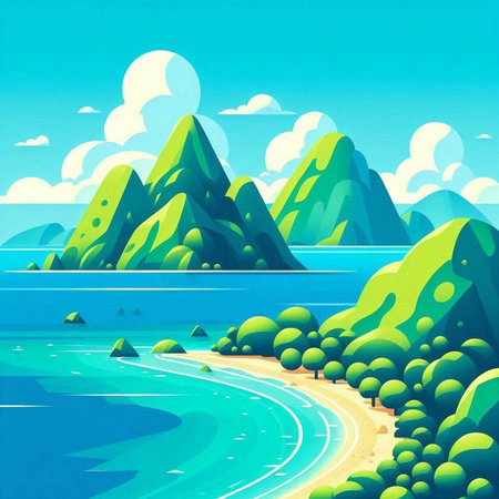 Illustration of seascape with mountains and beach, vector illustrationのイラスト素材