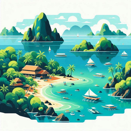 Seascape with tropical island and boats. Vector illustration in flat styleのイラスト素材