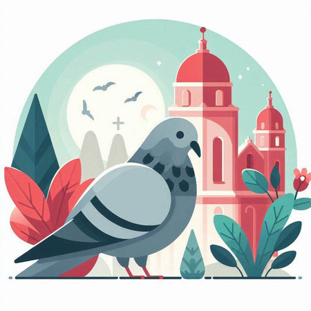 Vector illustration of a dove and a church in a flat style.のイラスト素材