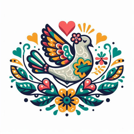 Vector illustration of a dove in a folk style with flowers and hearts.のイラスト素材