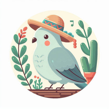 Vector illustration of a cute bird in a sombrero and a hat.のイラスト素材