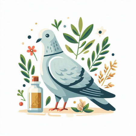 Pigeon with a bottle of essential oil. Vector illustration.のイラスト素材