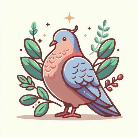 Vector illustration of a cute doodle pigeon with leaves and stars.のイラスト素材