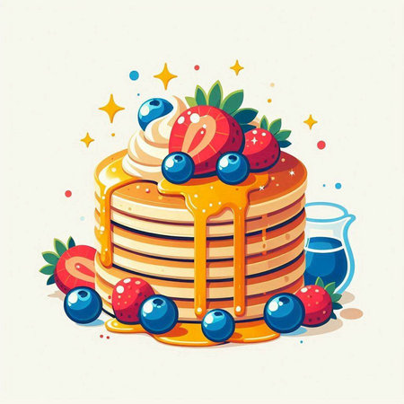 Pancakes with berries and cream on white background. Vector illustration.のイラスト素材