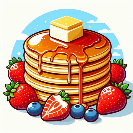 Illustration of a stack of pancakes with strawberries and honey on a white backgroundのイラスト素材