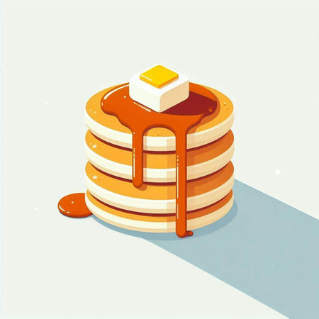Illustration of a stack of pancakes with butter and maple syrup.のイラスト素材